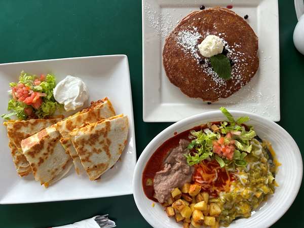 Bluecorn Pancakes, Huevos Rancheros, Breakfast Quesadilla